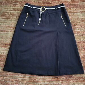 BASLER Navy Midi Skirt Gold Anchor Zip Belt Loops Women 42 US 10 Vintage Utility